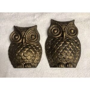 Set of 2 Vintage Owl Metal Wall Decor MCM Bronze Gold Owls